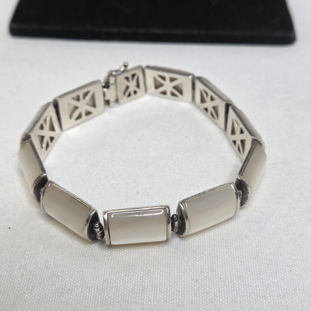 Vintage 925 Sterling Silver Signed GV Mother of Pearl Link Bracelet